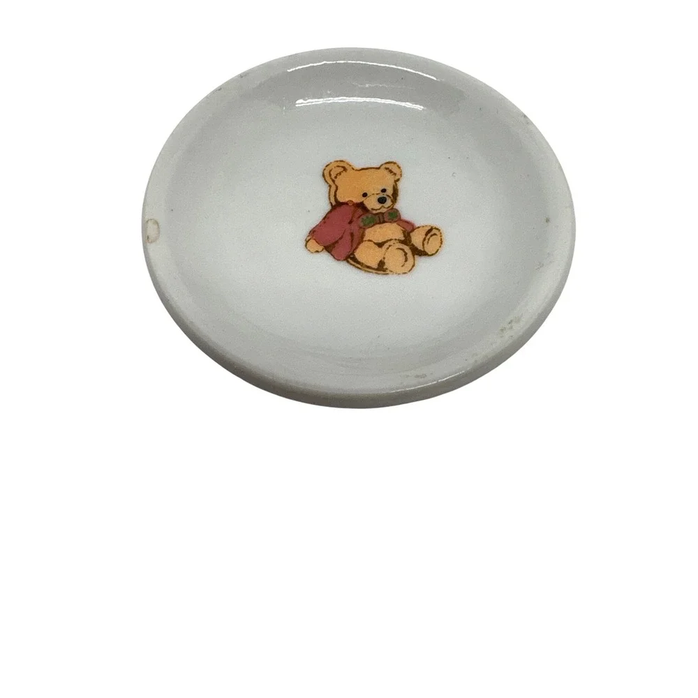 Vintage Miniature Teddy Bear Ceramic Trinket Dish White Round 2